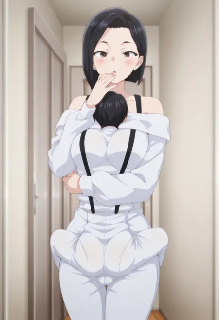 anime coloring, anime screencap, masterpiece, best quality, amazing quality,
<lora:Sanae_Yamada_The_Dangers_in_My_Heart_-_Illustrious_V2:1>
1girl, solo, brown eyes, black hair, earrings, blush, short hair, jewelry, indoors, off-shoulder shirt, stud earrings, shirt, collarbone, off shoulder, looking at the viewer, bare shoulders, long sleeves, Sanae white shirt with suspenders outfit, hand to mouth, mouth open, cowboy shot
1boy, short male, sex, face-to-face, missionary, leg wrap, holding on, underneath clothing, clothing entrapment, head between breasts, under another’s clothes, bare head, head outside clothing, leg around waist, black hair, short hair, turning away from viewer,