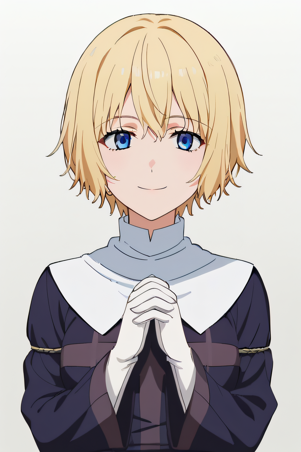 score_9, score_8_up, score_7_up, source_anime, rating_safe, intricate details, anime screencap, official style, 1girl, solo, <lora:PONY_Orsola_Aquinas_v2:1>, orsola, blonde hair, blue eyes, nun dress, white gloves, looking at viewer, smile, simple background, cowboy shot, own hands together