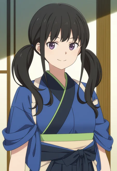 <lora:Chisato&Takina_Illustrious-000056:1>,
Takina INOUE,solo,twintails,japanese clothes,kimono,blue kimono,smile,closed mouth,upper body,tasuki