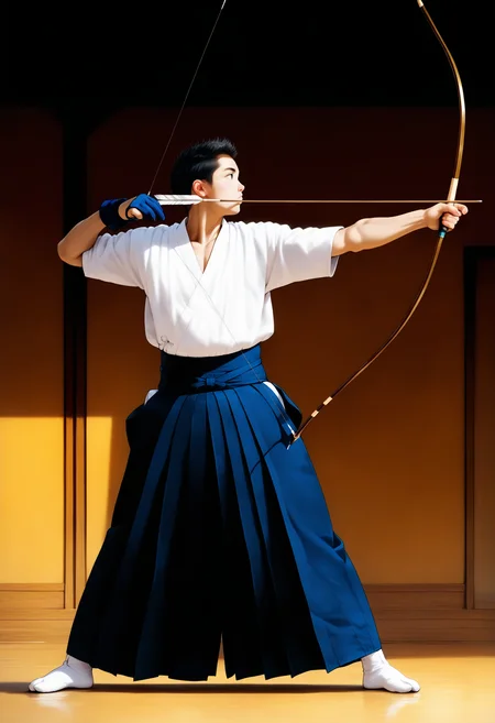 masterpiece,best quality,1boy,full_body,standing,open_stance,indoors,dojo,looking to the side BREAK
kyudo-aiming,holding bow \(weapon\),drawing bow,bow_string,arrow \(projectile\),aiming,partially fingerless gloves,yugake,closed mouth,kyudougi,muscular,hakama,japanese clothes,tabi,pectorals,<lora:kyudo-aiming-NAIePred:1>,