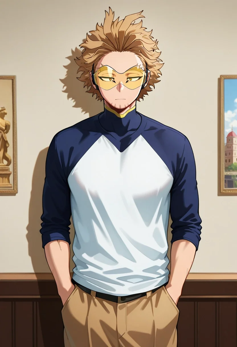 masterpiece, best quality, , (realistic:0.6), , 1boy, solo, male focus, <lora:keigo_takami_ilxl:0.98>, keigo_takami, hawks \(boku no hero academia\), blonde hair, yellow eyes, short hair, facial hair, stubble, tinted eyewear, goggles, art gallery, painting walls, sculpture gardens, viewing spaces, admiring pose, thoughtful expression, afternoon, Fair Isle Teal Pleated corduroy pants, Raglan shirt, , , and