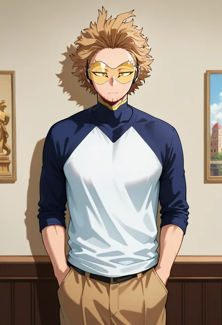 masterpiece, best quality, , (realistic:0.6), , 1boy, solo, male focus, <lora:keigo_takami_ilxl:0.98>, keigo_takami, hawks \(boku no hero academia\), blonde hair, yellow eyes, short hair, facial hair, stubble, tinted eyewear, goggles, art gallery, painting walls, sculpture gardens, viewing spaces, admiring pose, thoughtful expression, afternoon, Fair Isle Teal Pleated corduroy pants, Raglan shirt, , , and