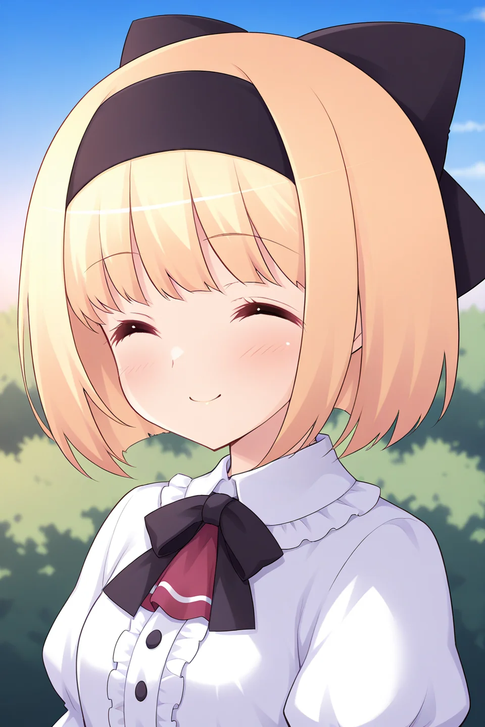 masterpiece, best quality, absurdres, official art, official style, rating general BREAK,
<lora:iriswindsor_IL_v1-2:0.7>, iris windsor, 1girl, solo, blue eyes, eyelashes, blonde hair, short hair, blunt bangs, bob cut, small breasts, petite, flat chest, black hairband, hair bow, black bow, casual, frilled dress, white collar, frilled collar, white shirt, dress shirt, center frills, red ascot, buttons, juliet sleeves, pink corset, cross-laced corset, portrait, close-up, outdoors,
blush, ^ ^, closed eyes, closed mouth, facing viewer, happy, smile