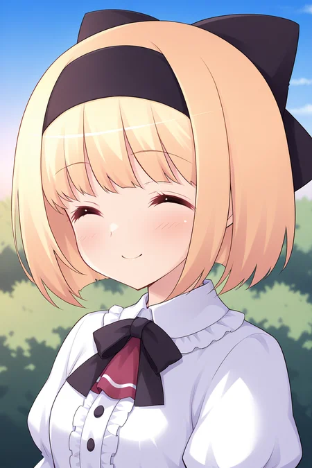 masterpiece, best quality, absurdres, official art, official style, rating general BREAK,
<lora:iriswindsor_IL_v1-2:0.7>, iris windsor, 1girl, solo, blue eyes, eyelashes, blonde hair, short hair, blunt bangs, bob cut, small breasts, petite, flat chest, black hairband, hair bow, black bow, casual, frilled dress, white collar, frilled collar, white shirt, dress shirt, center frills, red ascot, buttons, juliet sleeves, pink corset, cross-laced corset, portrait, close-up, outdoors,
blush, ^ ^, closed eyes, closed mouth, facing viewer, happy, smile