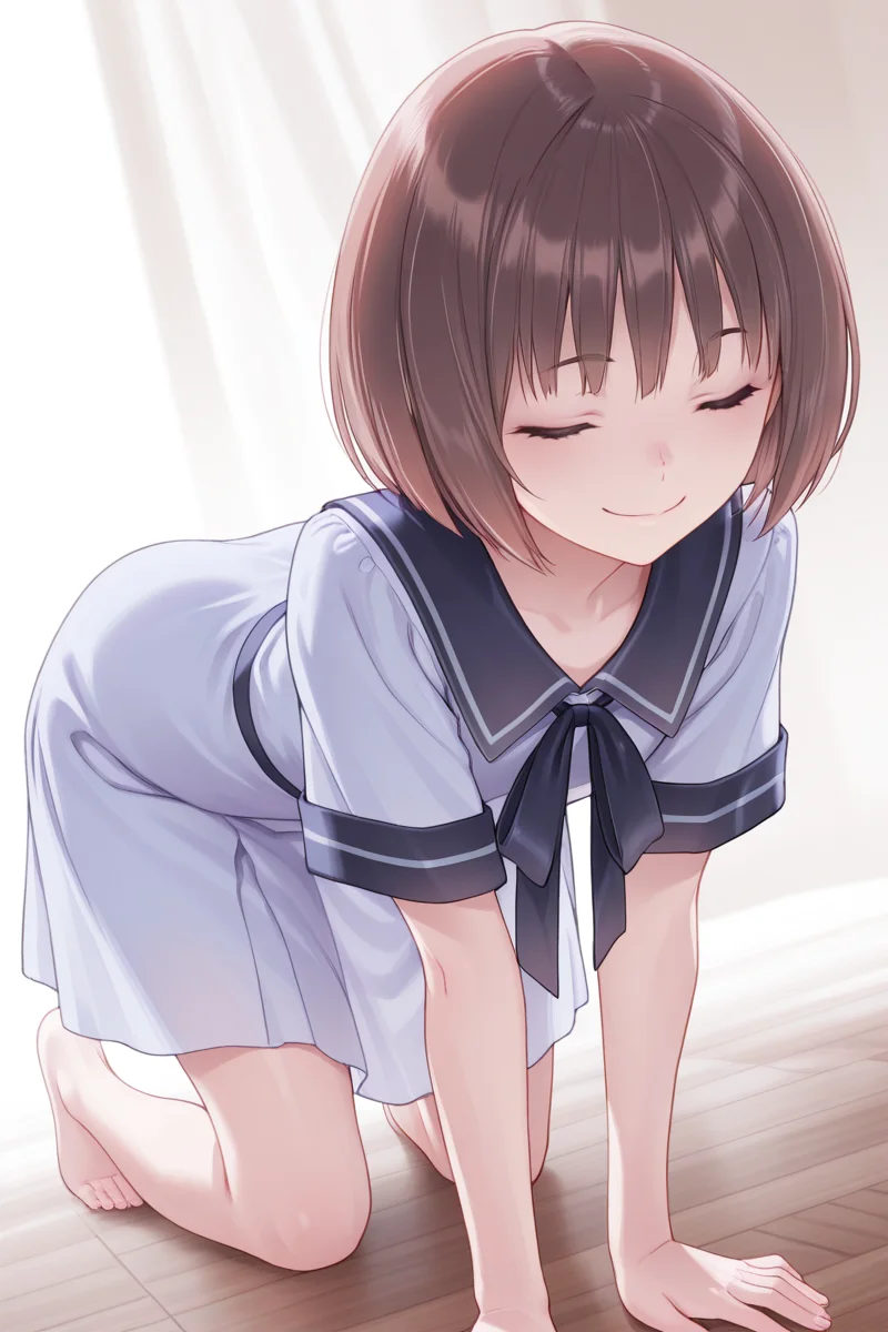 masterpiece, best quality, amazing quality,
<lora:Uta_IL:1> uta, 1girl, solo, closed eyes, short hair, school uniform, all fours, brown hair, smile, dress, sailor dress