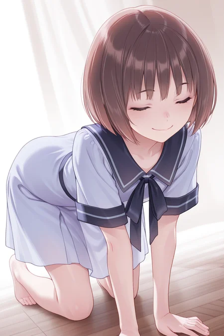 masterpiece, best quality, amazing quality,
<lora:Uta_IL:1> uta, 1girl, solo, closed eyes, short hair, school uniform, all fours, brown hair, smile, dress, sailor dress