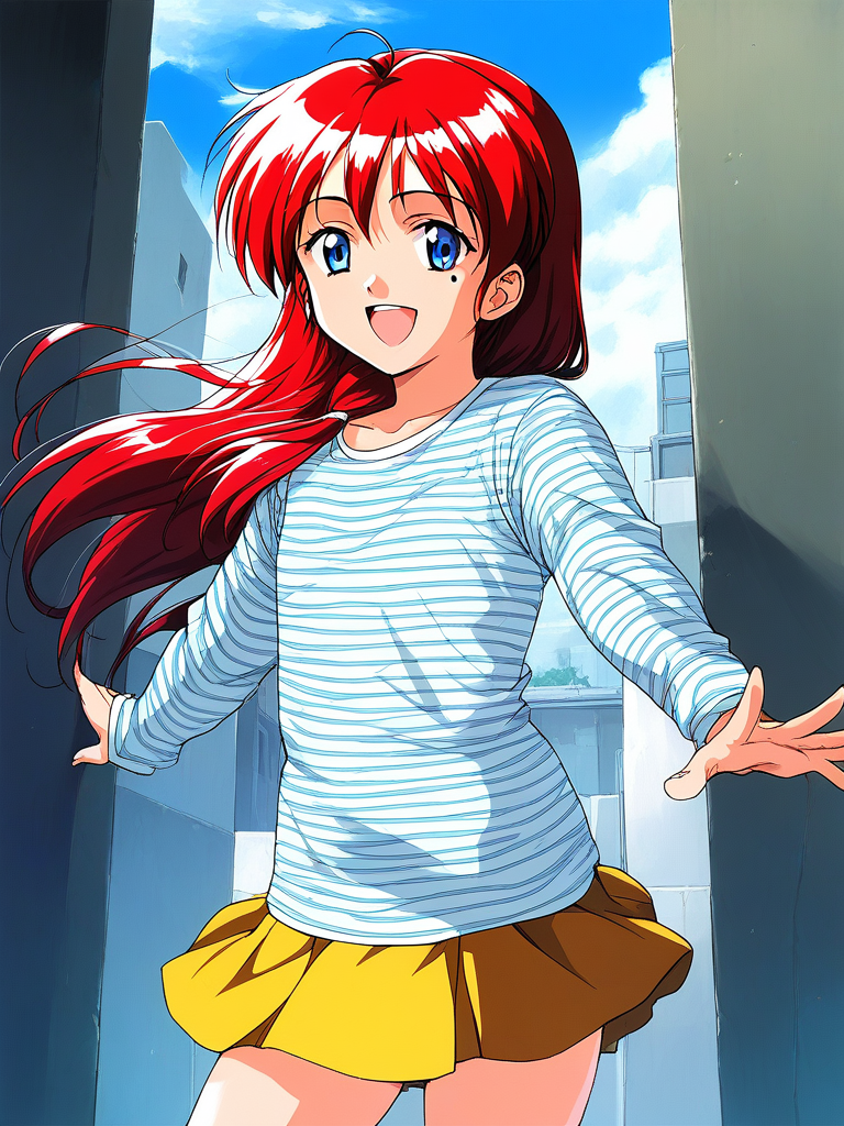 score_9, score_8_up, score_7_up, source_anime, rating_explicit, BREAK  <lora:Hinomoto_Hikari_XL:0.9> Hinomoto_Hikari, solo, red hair, long hair, blue eyes,  bangs, ã1990s \(style\), short stack, flat chest,
mole under eyeã
1girl, solo, long hair,  striped, long sleeves,  open mouth,  striped shirt, 
shirt, smile, skirt, standing,
looking at viewer, 
outdoor, day, sky,
cowboy_Shot,