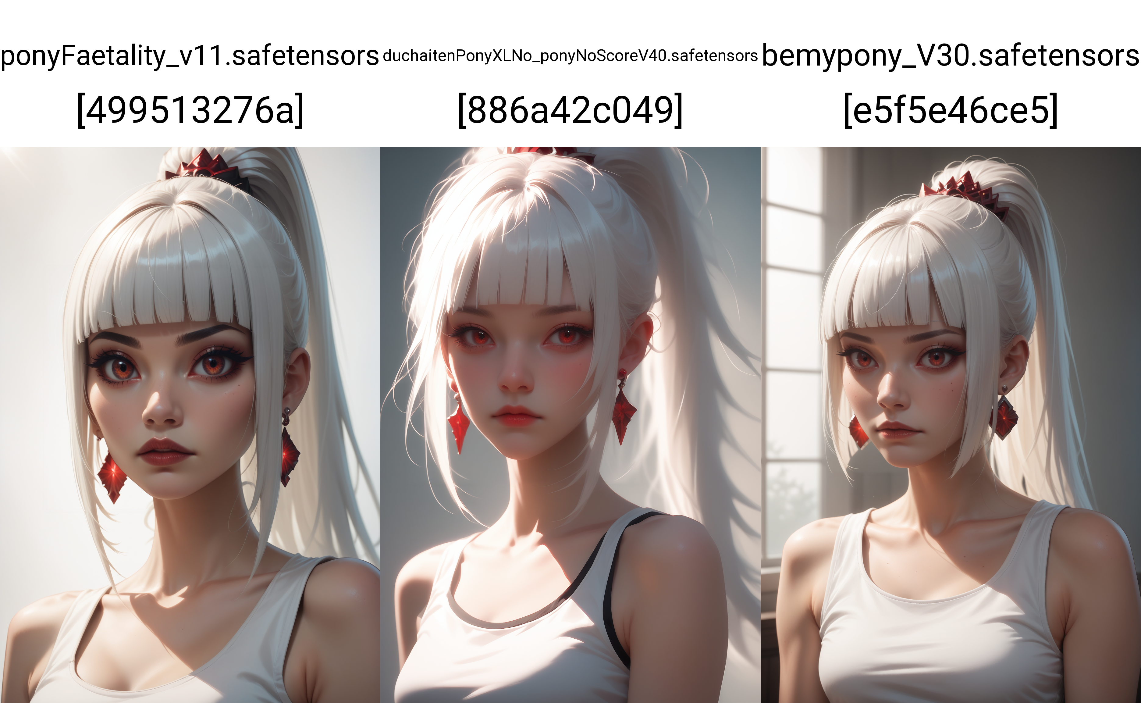 score_9, score_8_up, score_7_up, rating_safe,
1girl, solo, white tank top, ruby earrings,
<lora:Dark_Sayuki_Pony_v0.1:0.5> d4rks4yuk1, white hair, hime cut, ponytail,