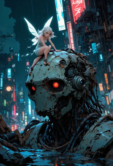 A delicate little fairy, her translucent wings bright glowing softly with an ethereal neon hue, perches on the head of a massive, decayed robot. The robot’s metallic surface is weathered and rusted, with faint, flickering lights from its broken circuits.Heavy rain falls gently, creating shimmering reflections on the puddled ground, while streaks of neon from a distant cyberpunk cityscape cast colorful hues across the scene. The fairy’s expression is one of profound sadness, her tiny frame contrasting with the enormous, lifeless machine beneath her. The atmosphere is heavy with melancholy, enhanced by dramatic chiaroscuro lighting and the faint hum of dying electronics. Glowing rain droplets and mist swirl in the air, adding to the poignant, cinematic quality of the moment
best quality,masterpiece, detailed,((close-up)),depth of field,reflections,light particles
mamoru oshii
ilya kuvshinov
makoto shinkai