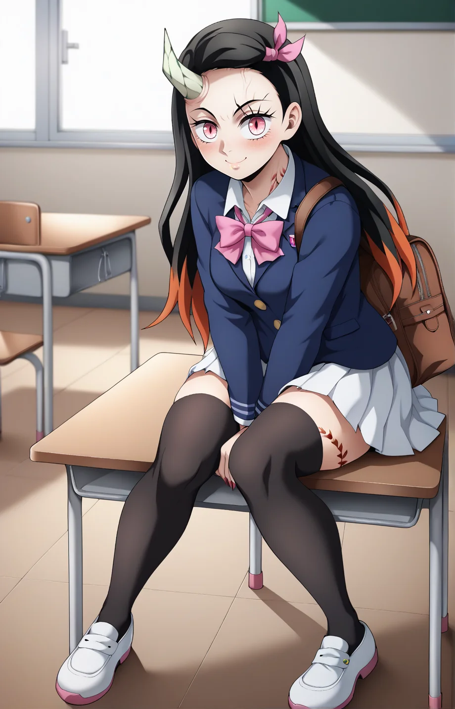 score_7_up, BREAK source_anime, dnezukoxlv4, 1girl, solo, blush, smile, closed mouth, horns, veins, tattoo, sitting, classroom, bag, (school uniform, thighhighs, black thighhighs, shoes), <lora:DNezukoXLV4-10EP:1>