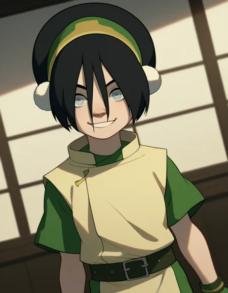 score_9, score_8_up, score_7_up, source_anime, <lora:toph-beifong-book2book3-ponyxl-lora-nochekaiser:1>, toph beifong, black hair, hairband, blind, grey eyes, hair between eyes, short hair,, shirt, green shirt, vest, belt, short sleeves,, indoors, smile, looking at viewer, solo,, cowboy shot, dutch angle