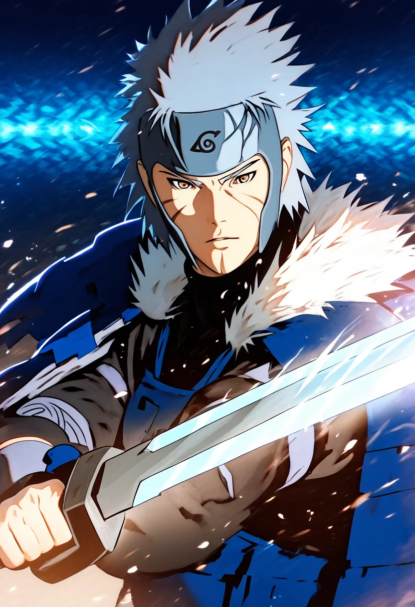 score_9, score_8_up, score_7_up, (masterpiece:1.2), (best quality:1.3), source_anime, <lora:Tobirama Senju - V1:0.8> 1boy, senju tobirama, grey spiky hair, forehead protector, blue armor, facial mark, ninja, hydrokinesis, <lora:brave-perspective:0.95> brave perspective, holding sword, low-key lighting, lo-fi, dark, glow, dynamic cinematic lighting, ray_tracing, global illumination