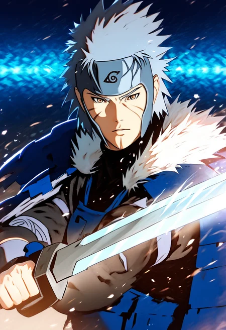 score_9, score_8_up, score_7_up, (masterpiece:1.2), (best quality:1.3), source_anime, <lora:Tobirama Senju - V1:0.8> 1boy, senju tobirama, grey spiky hair, forehead protector, blue armor, facial mark, ninja, hydrokinesis,  <lora:brave-perspective:0.95> brave perspective, holding sword, low-key lighting, lo-fi, dark, glow, dynamic cinematic lighting, ray_tracing, global illumination
