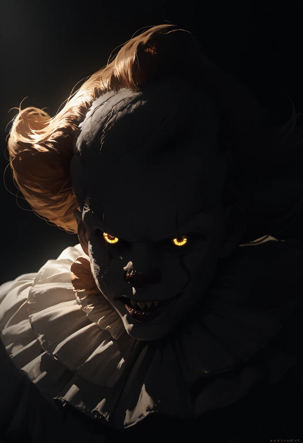 score_9, score_8_up, score_7_up, score_6_up, 1boy, monster, white costume, dark background, solo, portrait, yellow eyes, silhouette, backlighting,
<lora:pennywise_v0.6-pony:1>
<lora:dark_v1.9-pony:1>