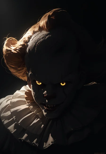 score_9, score_8_up, score_7_up, score_6_up, 1boy, monster, white costume, dark background, solo, portrait, yellow eyes, silhouette, backlighting,
<lora:pennywise_v0.6-pony:1>
<lora:dark_v1.9-pony:1>