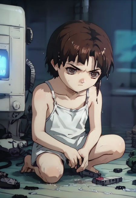 score_9, score_8_up, score_7_up, score_6, source_anime, lain, kneeling, chibi, kawaii, white camisole, angry, using computer, side view, (((error screen))), annoyed gesture, dark computer room, watercooling systems, computer screens, computer room, computers, computer cables, networl cableslain's bedroom, ((low light, pitch dark)), dark night, dark ambiance, (((puddles, wet floor))), night, teddy bears background