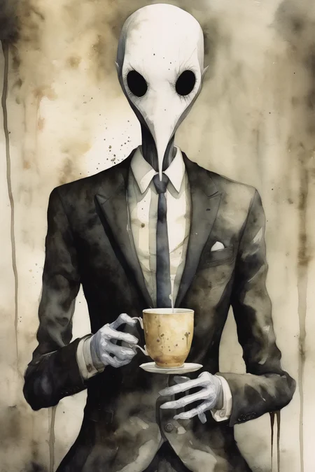<lora:Santiago Caruso Style:1>Santiago Caruso Style - slenderman drinking tea in a suit and mask, twee watercolor