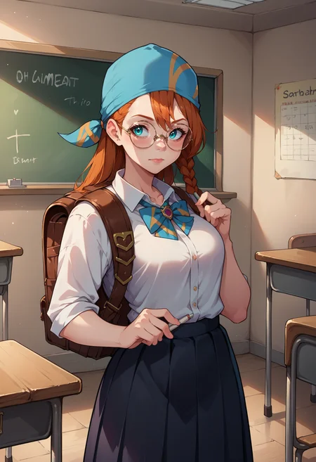 score_9, score_8_up,score_7_up, source_anime, rating_safe, 1girl, solo, <lora:EPmhrMinayle:1>, EPmhrMinayle, orange hair, long hair, braid,side braid, hair between eyes, aqua eyes, blue bandana, indoors, classroom, white shirt, collared shirt, black skirt, long skirt, ponytail, round eyewear, school uniform, backpack, chalkboard, writing,