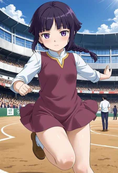 <lora:Hyper-SDXL-8steps-lora:1> <lora:Fixhands_anime_bdsqlsz_V1:1> zPDXL2, score_9, score_8_up, score_7_up, source_anime, intricate details, perfect anatomy BREAK
outdoors, city, tokyo, japan, audience, crowd, energetic Pose, jumping, one_hand_raised, Sleepy, Drooping eyelids, half-closed eyes, and a slightly dazed expression., 1girl, solo, solo focus, 
<lora:GAGE-yurin_leciel_XL(pony)v10:1> GAGE-yurin, purple hair, long single braid, purple eyes, GAGE-yurin outfit, purple dress, white sleeves, sleeves rolled up, purple skirt, brown shoes,