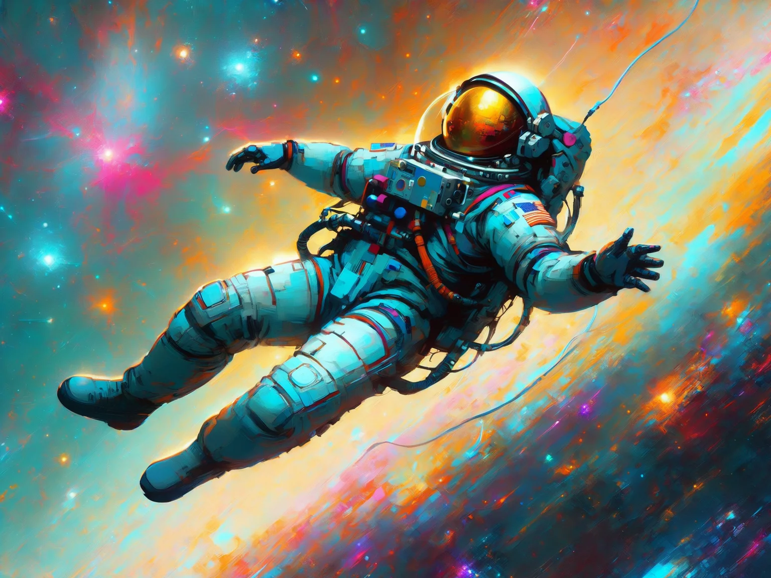 astronaut floating in space, mad-cybrpnkimprss, cyberpunk, impressionism, (masterpiece:1.2), best quality, (hyperdetailed, highest detailed:1.2), high resolution textures