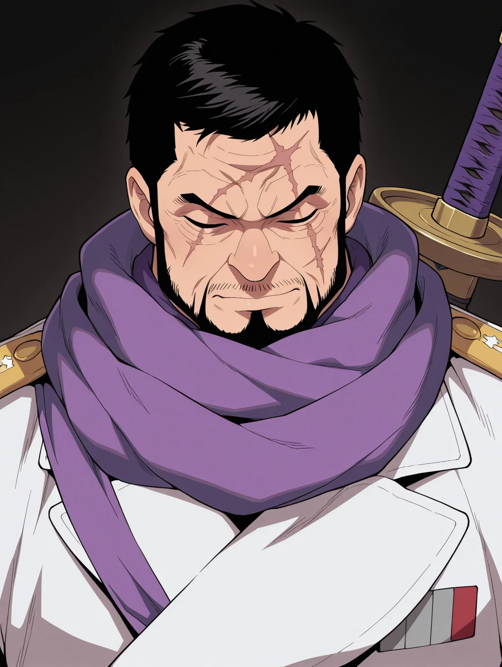 Issho masterpiece, best quality, amazing quality, 1 boy, male focus, solo, Issho, facial hair, short hair, beard, closed eyes, Scars on the face, black hair, Military uniform, purple scarf, sword
