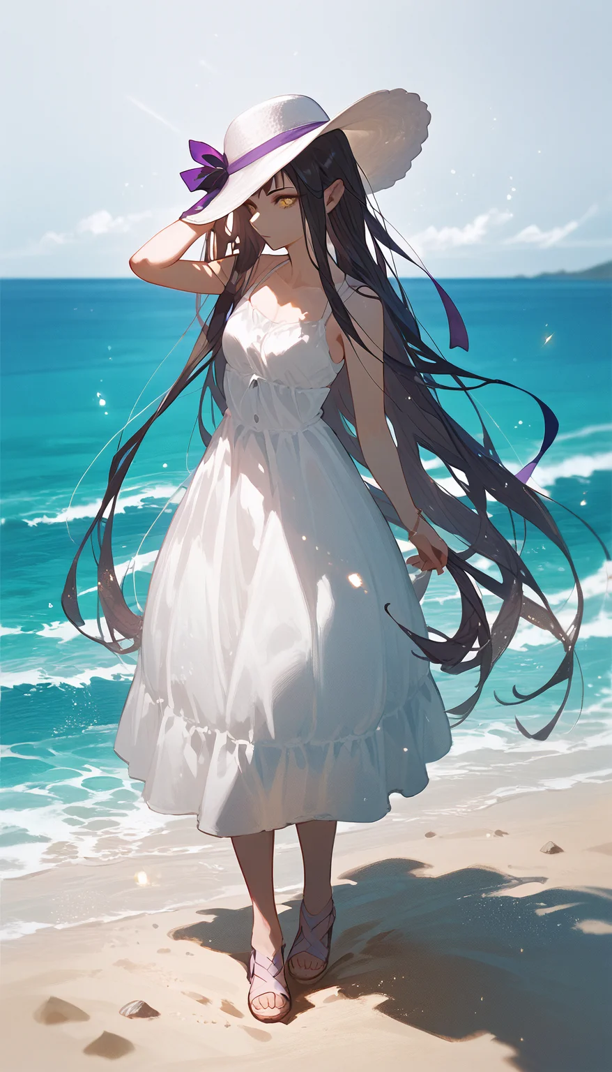 (score_9,score_8_up,score_7_up),
semiramis \(fate\), yellow eyes,
light particles, bloom, light particles,
sundress, white hat, hat ribbon, purple ribbon, hand in own hair, ocean, beach, sand,
standing, full body,
solo focus,
<lora:semiramis_pony_lora:1>