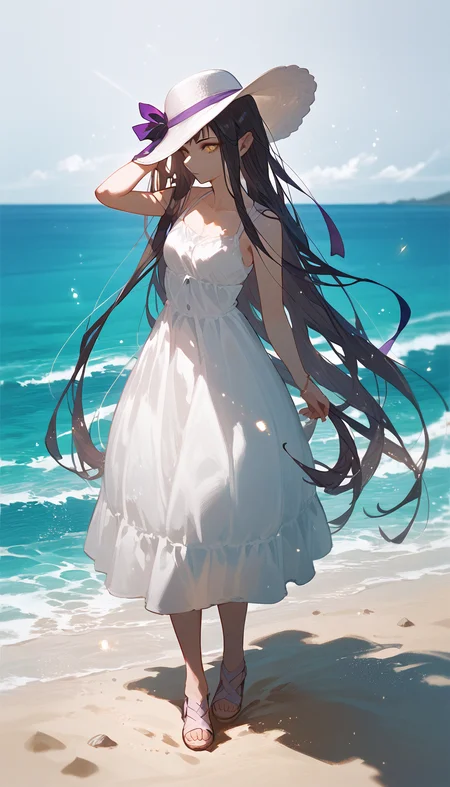 (score_9,score_8_up,score_7_up),
semiramis \(fate\), yellow eyes,
light particles, bloom, light particles,
sundress, white hat, hat ribbon, purple ribbon, hand in own hair, ocean, beach, sand,
standing, full body,
solo focus,
<lora:semiramis_pony_lora:1>