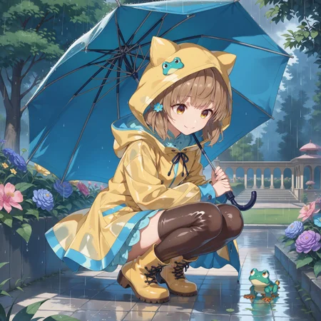 score_max, (score_9, score_8_up, score_7_up:1.2), score_6_up, official art, source_anime,
masterpiece, absurdres, high detail, 8k,
rain, overcast, flower, hydrangea, frogs, park, stone floor,
squatting, holding umbrella, looking down, light smile,
cicho, raincoat, animal_hood, brown thighhighs, rubber boots, yellow boots,
<lora:XL_Pony_gomaotsu-cicho-t1:1.0>