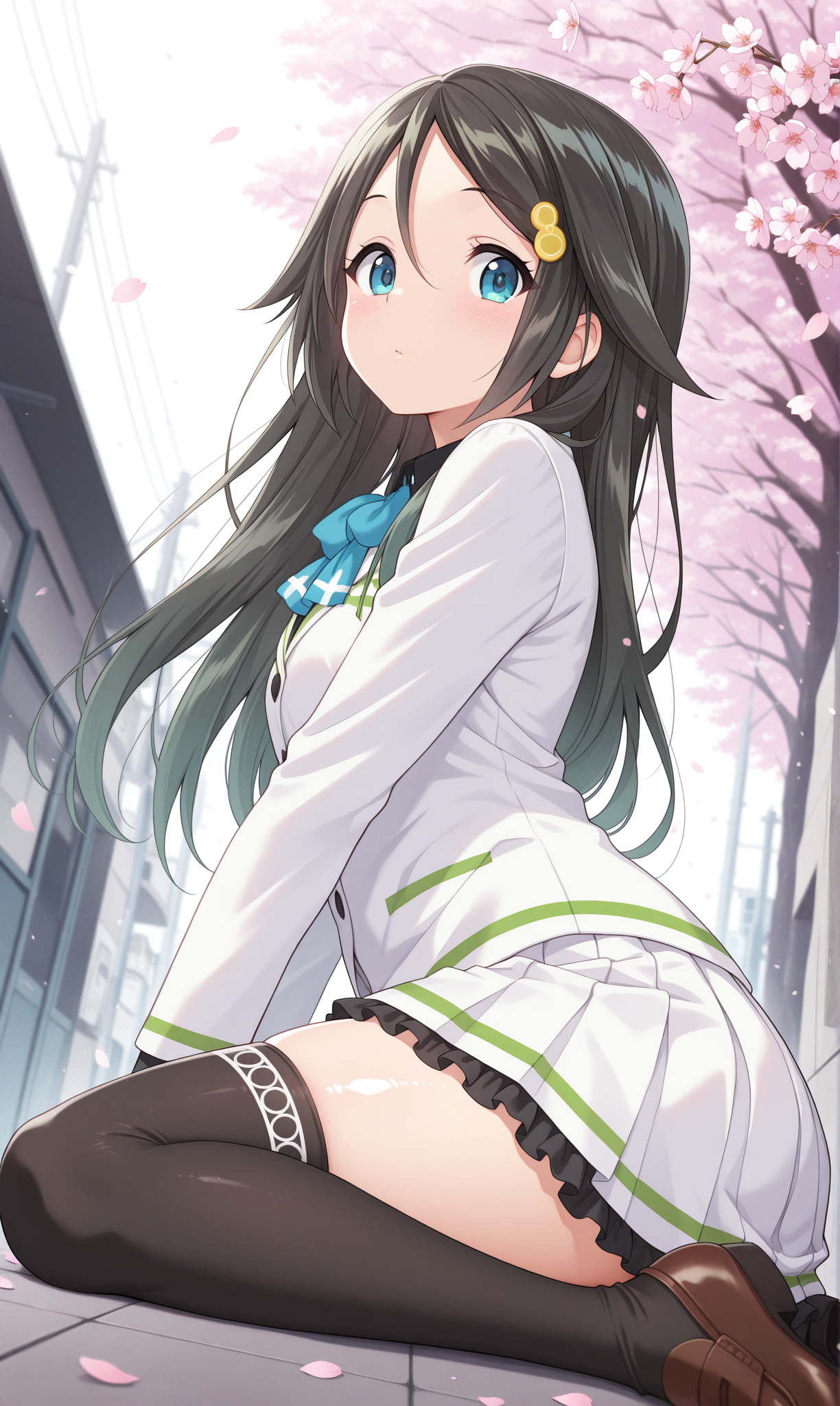 1girl, solo, masterpiece, best quality, amazing quality, street, cherry blossoms, shiny skin, looking at viewer,  <lora:izumi_reina_illust_scarxzys:1>, izumi reina, blue eyes, black hair, long hair, parted bangs, hair ornament, school uniform, white jacket, blue bowtie, long sleeves,  black shirt, white skirt, pleated skirt, frilled skirt, frills, black thighhighs, brown shoes, wariza, from side, from below, floor