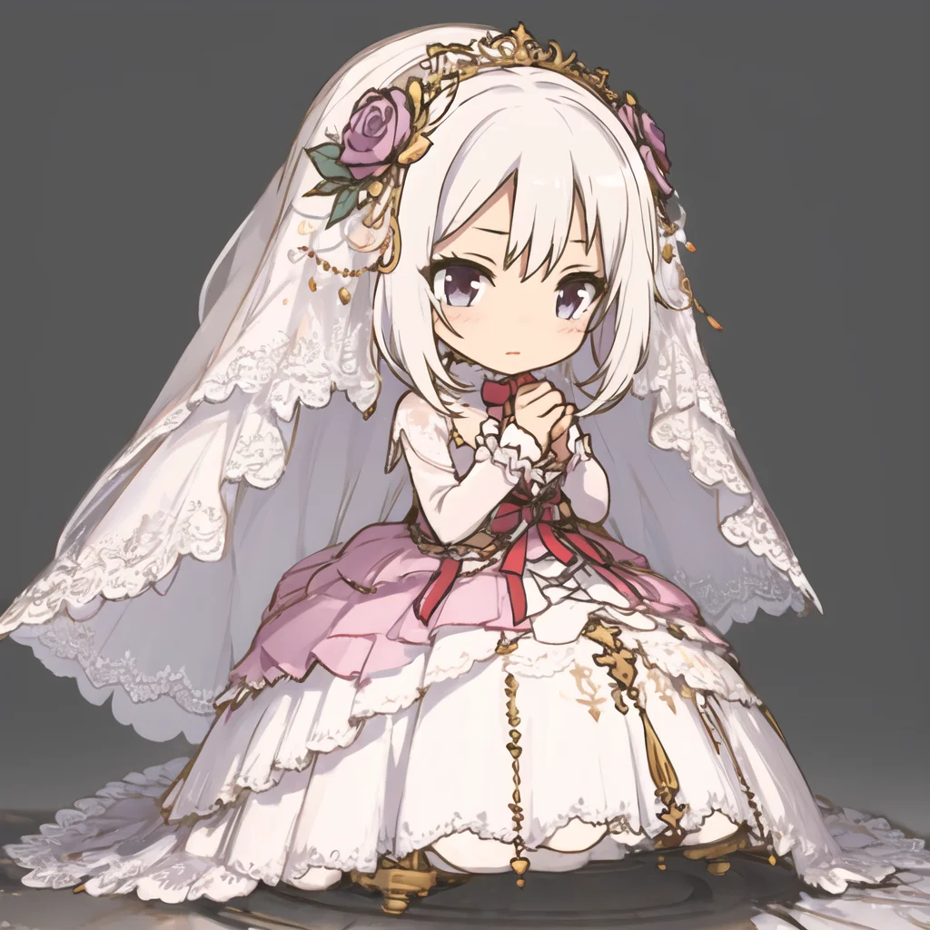 (masterpiece), (best quality), chibi, full body,
1girl, white hair,
wedding dress, cross-laced skirt,