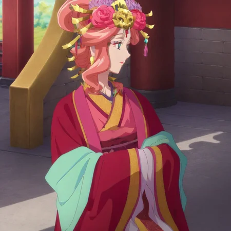 Masterpiece, real anime style, good quality, excellent quality, better quality, good resolution, excellent resolution, better resolution, good details, great details, high details, excellent details, excellent lighting, excellent shadows, excellent reflections, shaders, Gyokuyou, pink hair, jade eyes, beautiful face, perfect face, perfect face, pretty face, perfect anatomy, beautiful eyes, necklace, maroon kimono, earrings, hair ornaments, hair accessories, side view image, detailed background, ancient Chinese background, illuminated background