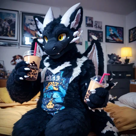 score_9, score_8_up, score_7_up, score_6_up, furry, mikus-sona, fursuit, furry focus, furry style, furry costume, anthropomorphic, anthro, dragon, black fur, white horns, yellow eyes, bedroom, holding, bubble tea