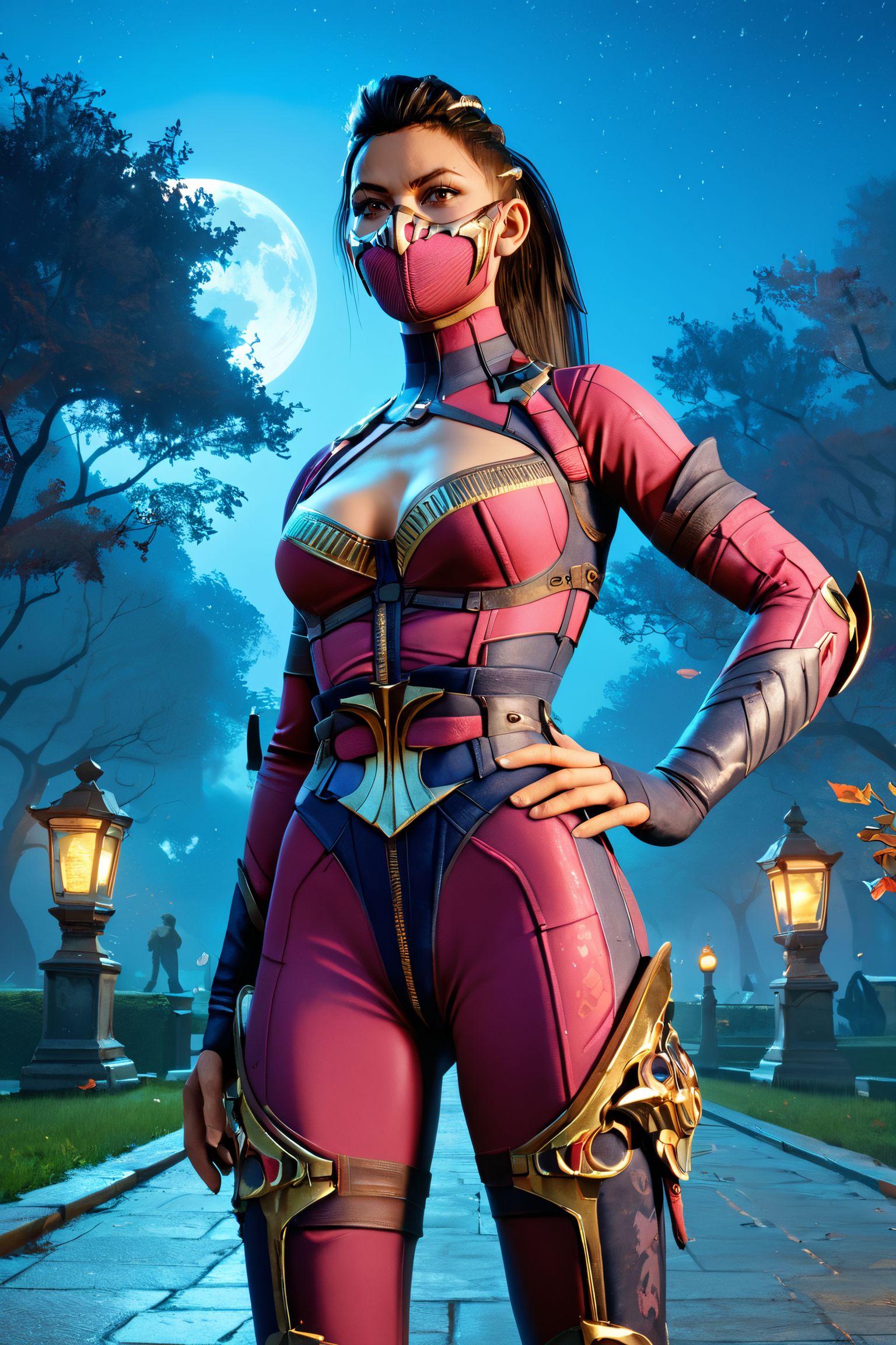 zPDXL2, <lora:MileenaPxl-v2:.8>,
mileenaxl,black hair,ponytail,brown eyes,hair ornament, mouth mask, bodysuit, cleavage, looking at viewer, serious, standing, hands on hips, outside, park, night time,