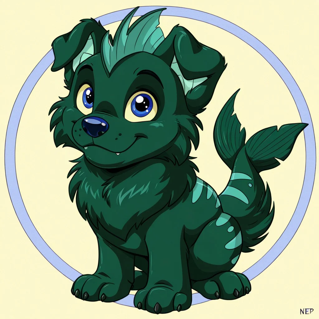 Neopets, circle background, solo
cute green fish-puppy in the style of neopets, dog nose