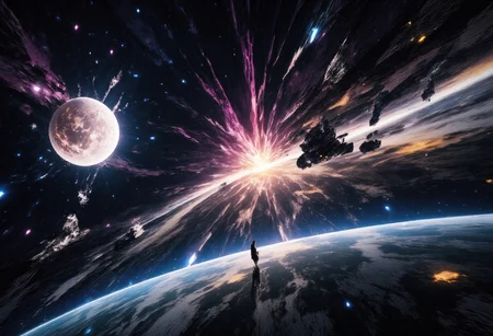 space battle between two fleets, on the background of a gas giant. many ships and explosions. space anomalies. [Carne Griffiths],[Conrad Roset],((migrainzxxl)) [Brian Kesinger] cinematic lighting, highly detailed, breathtaking,high resolution, colorful accent colors,