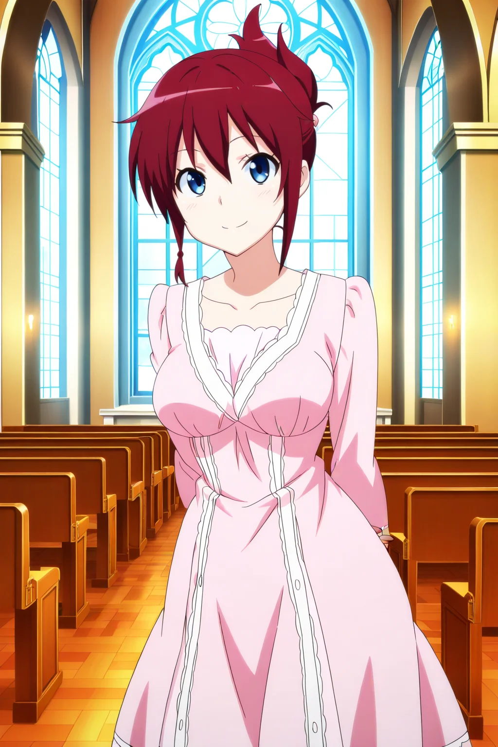 anime screenshot, anime coloring, sakurai aoi, 1girl, solo, red hair, folded ponytail, braid, blue eyes, medium breasts, dress, pink dress, long sleeves, collarbone, looking at viewer, smile, arms behind back, cowboy shot, indoors, church, masterpiece, best quality, high quality, highres, absurdres, <lora:sakurai_aoi_ILXL_v2:0.9>