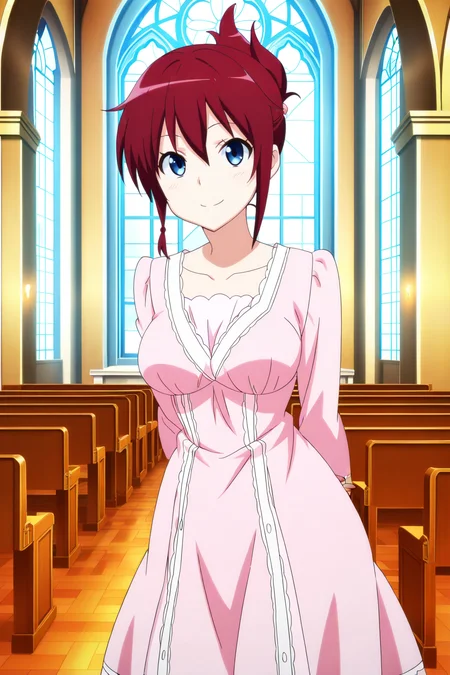 anime screenshot, anime coloring, sakurai aoi, 1girl, solo, red hair, folded ponytail, braid, blue eyes, medium breasts, dress, pink dress, long sleeves, collarbone, looking at viewer, smile, arms behind back, cowboy shot, indoors, church, masterpiece, best quality, high quality, highres, absurdres, <lora:sakurai_aoi_ILXL_v2:0.9>