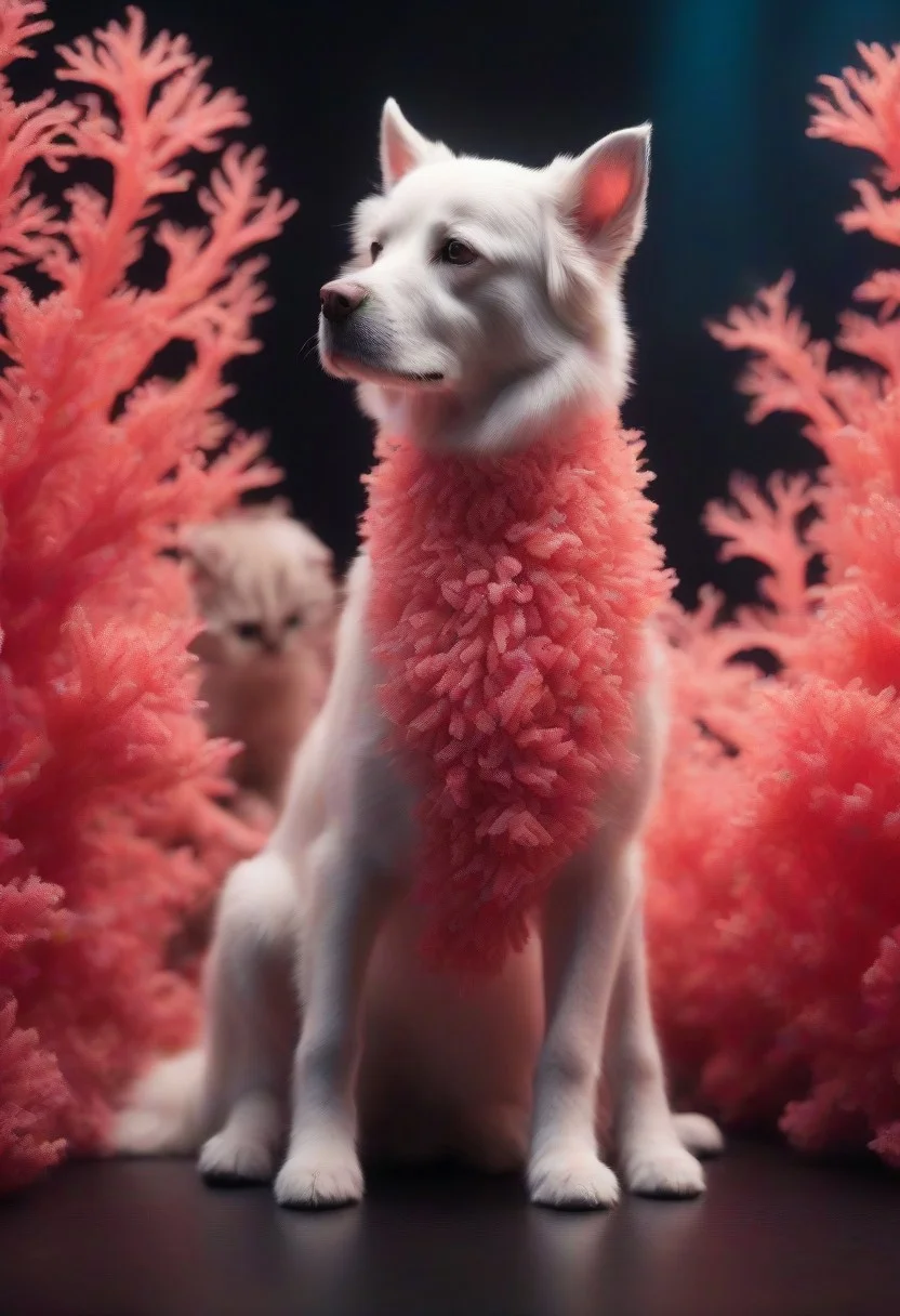 A cute dog next to a cute cat, cat and dog made of coral, (both made of coral), realistic fantasy, good composition, soft lighting, bokeh