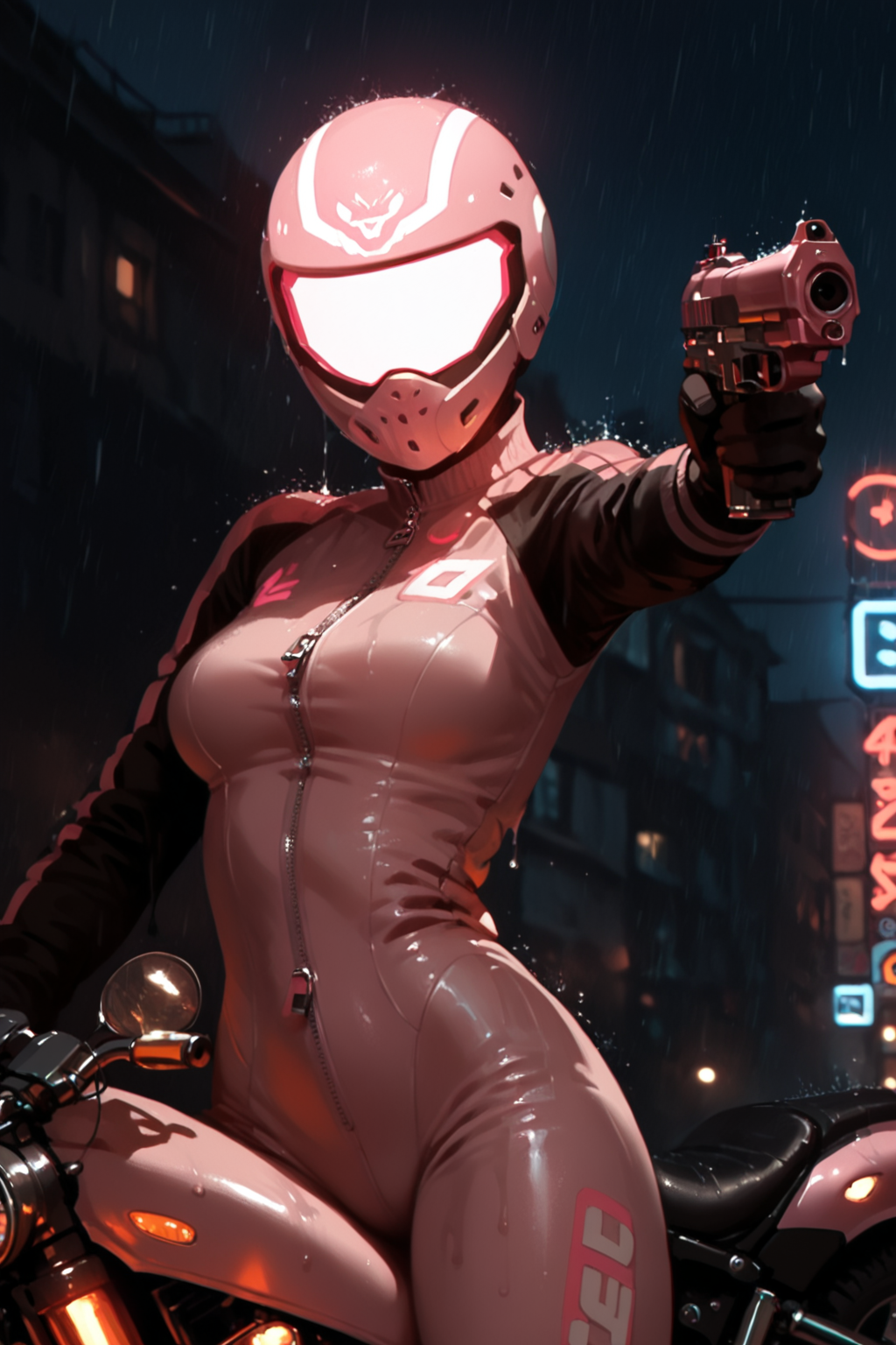 1girl, weapon, pink gun, bodysuit, , rain, solo, motor vehicle, holding weapon, breasts, aiming, pink motorcycle, handgun, holding, holding gun, pink bodysuit, aiming at viewer, blurry, night, motorcycle helmet, , biker clothes, neon lights, bikesuit, blurry background, outdoors, zipper, depth of field, wet, skin tight, cowboy shot, gloves, facing viewer, city, black gloves, , eyes covered,  open clothes, pink headgear, tron, zPDXL3, detailxl,  Score_PnyReal, (lineless:1.5)