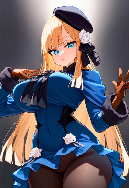 (masterpiece:1.2, best quality), (finely detailed eyes: 1.2) (ultra-detailed, hires), (detailed face, detailed eyes), (best illumination), detailed glow, high contrast, looking at viewer, solo, 1girl, solo, (huge breasts, thin waist, wide hips, thick thighs), peaceful, closed mouth, adult, reines el-melloi archisorte, blonde hair, blue eyes, long hair, bangs, blunt bangs, beret, black headwear, black ribbon, blue dress, brown gloves, dress, flower, fur collar, fur trim, fur-trimmed sleeves, gloves, hair flower, hair ornament, hair ribbon, hat, long sleeves, ribbon, rose, tilted headwear, white flower, white rose, black pantyhose, random pose, no background, dark background, (masterpiece, best quality, very aesthetic, absurdres), (ultra detailed perfect piece:1.2), illustration, masterpiece, (extremely detailed CG 8k), (very fine 8K CG), <lora:add-detail-xl:-1>