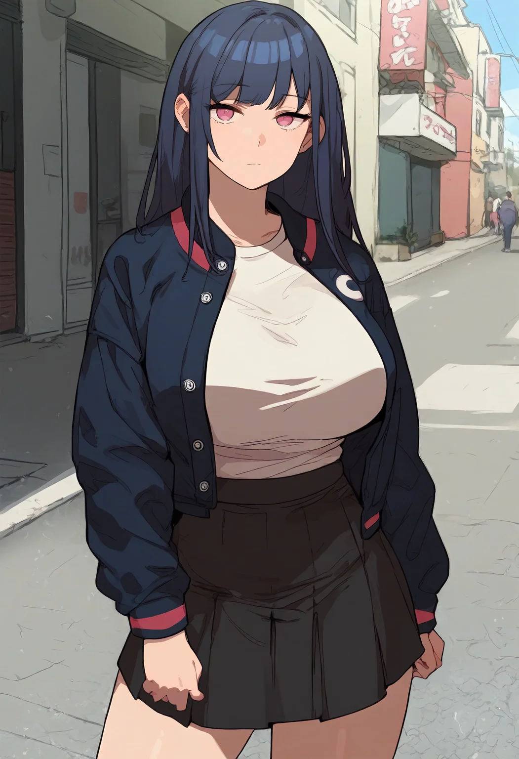 score_9, score_8_up, score_7_up, score_6_up, source_anime, rating_explicit, 1girl, solo, huge breasts, <lora:May prefectPonyxl:0.85> long hair, black hair, purple eyes, pink eyes, blue hair, sidelocks, letterman jacket, multicolored jacket, black jacket, white shirt, t-shirt, long sleeves, black skirt, miniskirt, expressionless, street, outdoors, looking at viewer