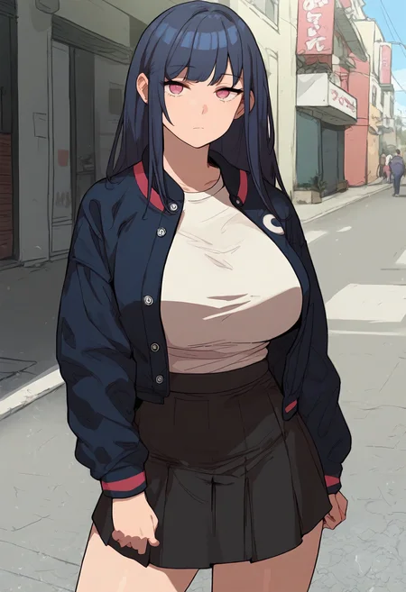score_9, score_8_up, score_7_up, score_6_up, source_anime, rating_explicit, 1girl, solo, huge breasts, <lora:May prefectPonyxl:0.85> long hair, black hair, purple eyes, pink eyes, blue hair, sidelocks, letterman jacket, multicolored jacket, black jacket, white shirt, t-shirt, long sleeves, black skirt, miniskirt, expressionless, street, outdoors, looking at viewer