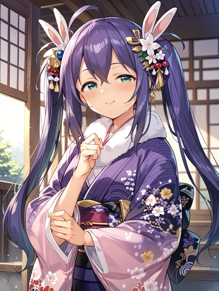 score_9,score_8_up,score_7_up,
official art,official style,game cg,megami magazine,
uncensored,
1girl,solo,
mochizuki anna,purple hair,green eyes,ahoge,twintails,
japanese clothes,obi,obijime,obiage,kimono,fur-trimmed kimono,fur trim,
<lora:idolmaster_mochizuki_anna_pony_v1:1>,