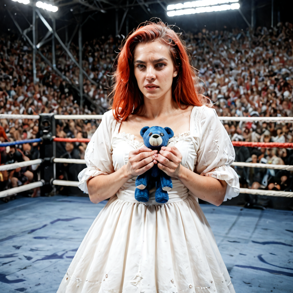 score_9, score_8_up, score_7_up, score_6_up, score_5_up, score_4_up, rating_safe,source_photo,detailed,a red haired woman wearing a ballgown in an mma fighting arena and holding a plush toy,<lora:Ponyrealv3:1>,