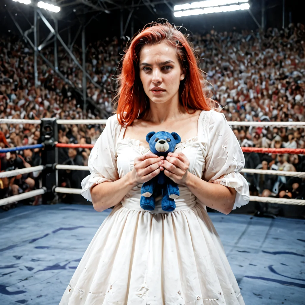 score_9, score_8_up, score_7_up, score_6_up, score_5_up, score_4_up, rating_safe,source_photo,detailed,a red haired woman wearing a ballgown in an mma fighting arena and holding a plush toy,<lora:Ponyrealv3:1>,