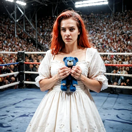 score_9, score_8_up, score_7_up, score_6_up, score_5_up, score_4_up, rating_safe,source_photo,detailed,a red haired woman wearing a ballgown in an mma fighting arena and holding a plush toy,<lora:Ponyrealv3:1>,