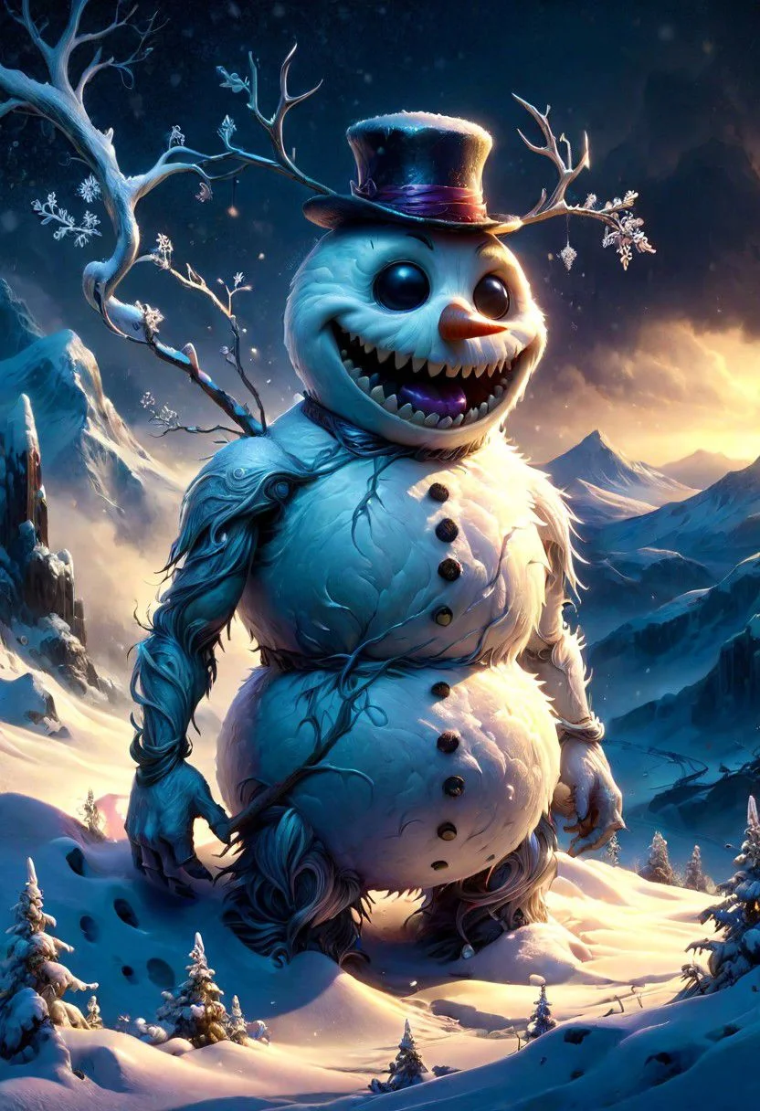 a snowman monster, landscape with snow, snowflakes, fantasy, moutain, (dark fantasy), heavy snow,