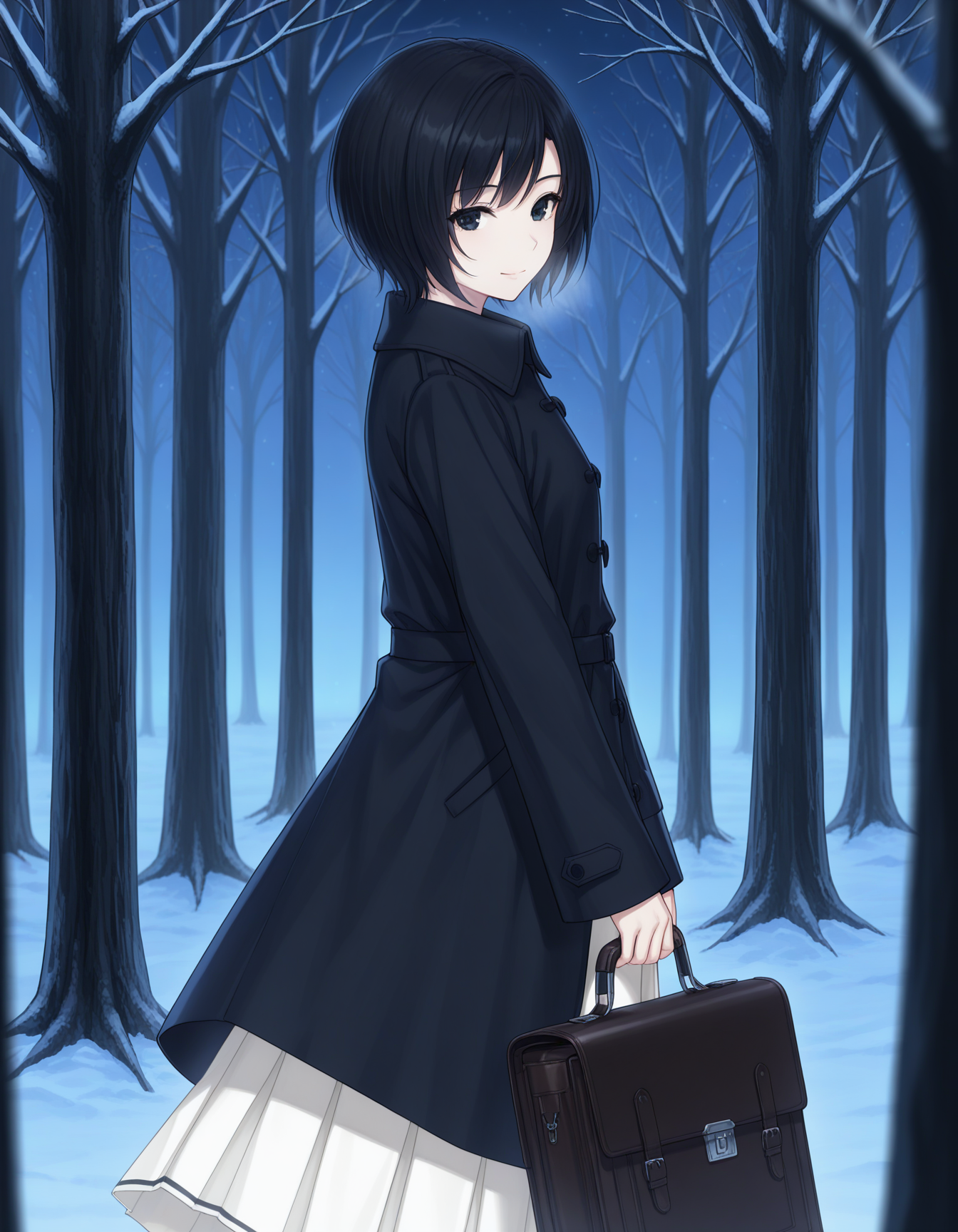 1girl, solo, tokisaka yukari, black hair, short hair, black eyes, light smile, (long coat:1.2), black coat, closed coat, sleeves past wrists, white skirt under coat, long skirt, pleated skirt, holding school briefcase, looking at viewer, from side, depth of field, night, low light, winter, outdoors, trees, forest <lora:tokisaka_yukari_ilxl_v1:0.7>