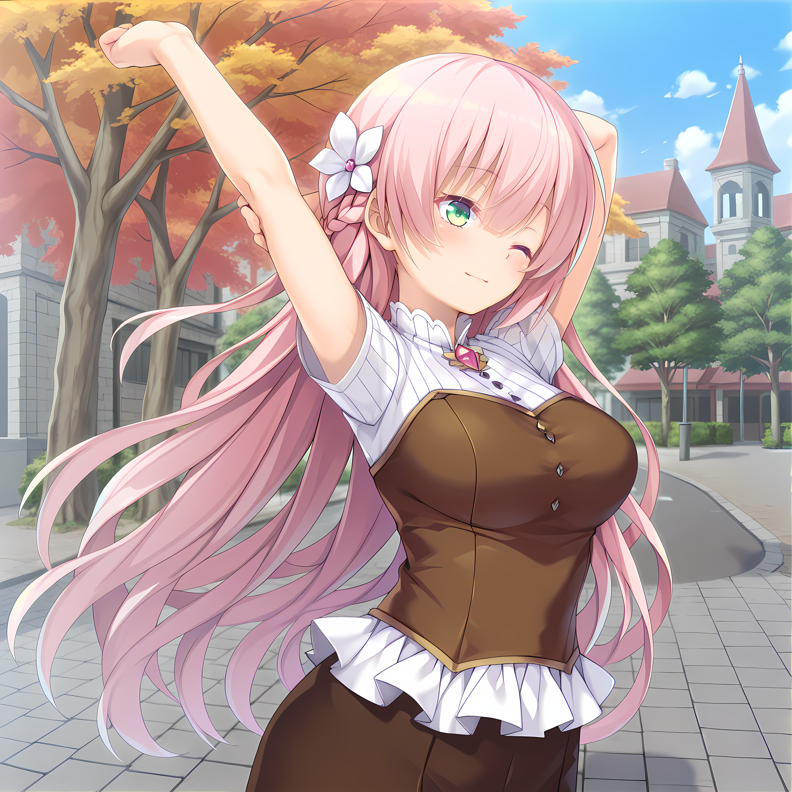 <lora:Terese_Elminaãã¬ãµã¨ã«ããã¢_-_Escude_-_Hime_to_Aiyoku_no_Sacrifice:0.9>,solo,terese,casual outfit,pink hair,long hair,braid,green eyes,hair between eyes,bangs,hair flower,large breasts,outdoors,city,street,stretching,arm up,one eye closed,light smile,fall,autumn leaves,tree,short sleeves,, masterpiece,best quality,amazing quality, very aesthetic, absurdres,detailed eyes,ultra-detailed,