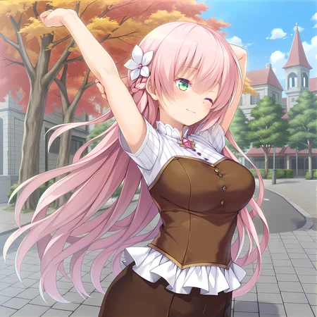 <lora:Terese_Elminaãã¬ãµã¨ã«ããã¢_-_Escude_-_Hime_to_Aiyoku_no_Sacrifice:0.9>,solo,terese,casual outfit,pink hair,long hair,braid,green eyes,hair between eyes,bangs,hair flower,large breasts,outdoors,city,street,stretching,arm up,one eye closed,light smile,fall,autumn leaves,tree,short sleeves,, masterpiece,best quality,amazing quality, very aesthetic, absurdres,detailed eyes,ultra-detailed,